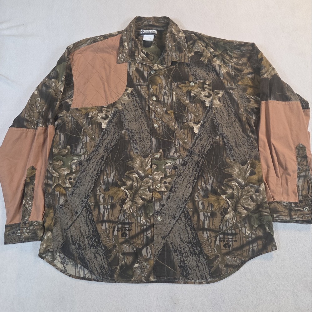 VTG Columbia Shooting Shirt Mens XL Green Mossy Oak Break Up Padded Shoulder